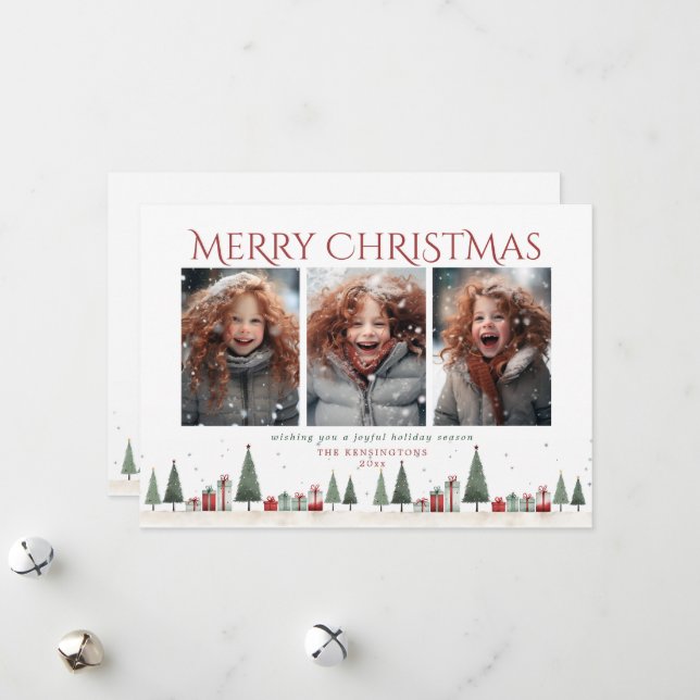 Minimalist Christmas Trees Gifts Holiday Photo Card (Front/Back In Situ)