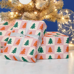 Minimalist Christmas Trees Pink, Red, Green Wrapping Paper