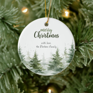 Minimalist Christmas Watercolor Evergreen Snow Ceramic Ornament