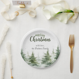 Minimalist Christmas Watercolor Evergreen Snow Paper Plate