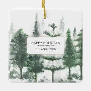 Minimalist Christmas watercolor forest photo Ceramic Ornament