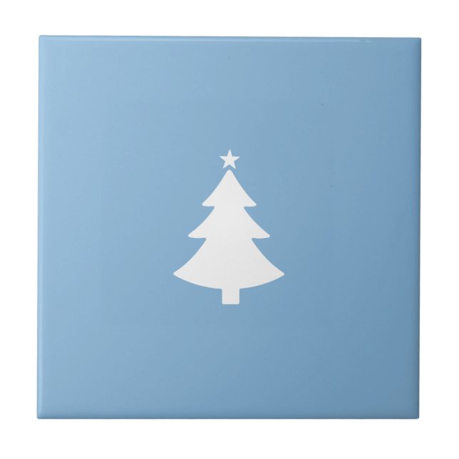 Minimalist Christmas White Tree, Sky Blue Ceramic Tile (Front)