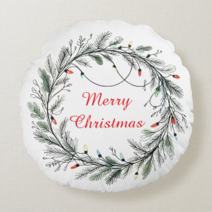 Minimalist Christmas Wreath and Lights Round Cushion