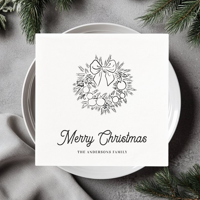Minimalist Christmas Wreath Line Art Personalized  Napkin (Creator Uploaded)