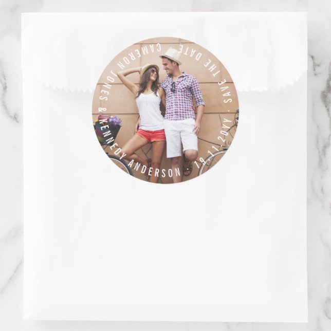 Minimalist Circle Text Simple Save The Date Photo Classic Round Sticker (Bag)