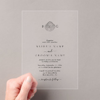 Minimalist Clam Seashell Monogram Wedding Acrylic Invitations