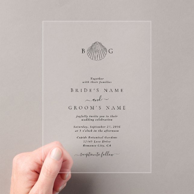 Minimalist Clam Seashell Monogram Wedding Acrylic Invitations (Insitu (Handheld))