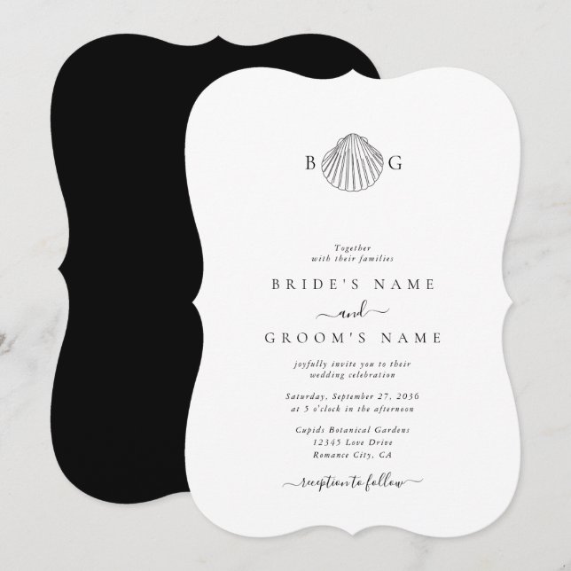 Minimalist Clam Seashell Monogram Wedding Invitation (Front/Back)