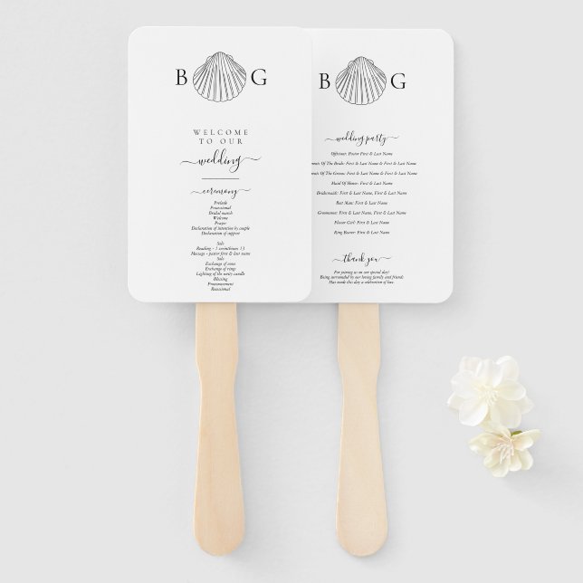 Minimalist Clam Seashell Monogram Wedding Program Hand Fan (Front and Back)