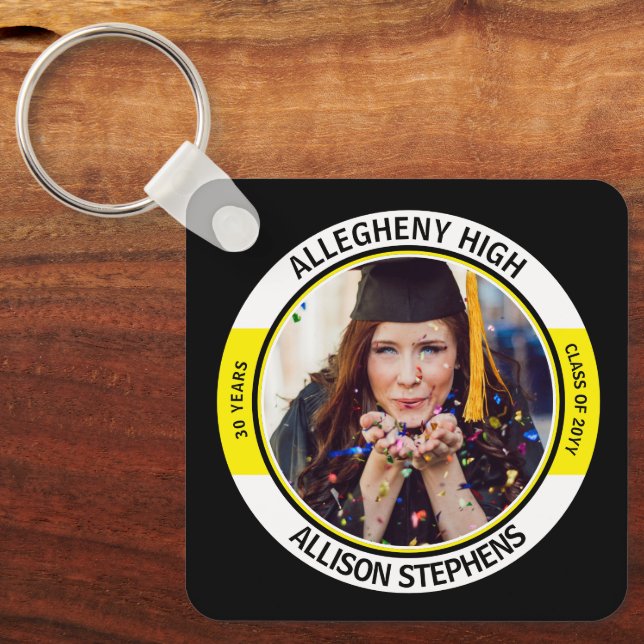 Minimalist Class Reunion Photo -Black Yellow White Key Ring (Front)