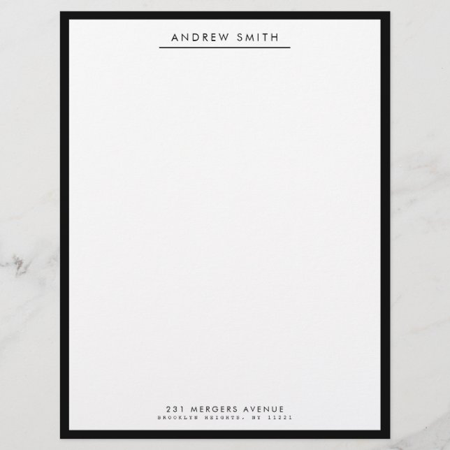 Minimalist Classic Black Simple Line Name Address Custom Letterhead (Front)