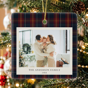 Minimalist Classic Blue Plaid Christmas Photo Ceramic Ornament