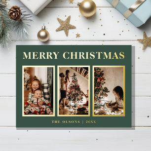 Minimalist Classic Christmas Green Three Photo Foil Holiday Card