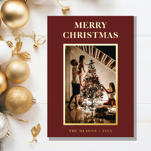 Minimalist Classic Christmas Red Letter and Photo Foil Holiday Card