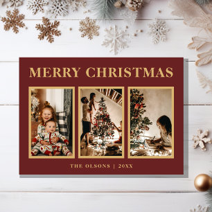 Minimalist Classic Christmas Red Three Photo Holiday Card
