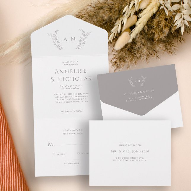 Minimalist classic formal leaf monogram wedding all in one invitation (Creator Uploaded)