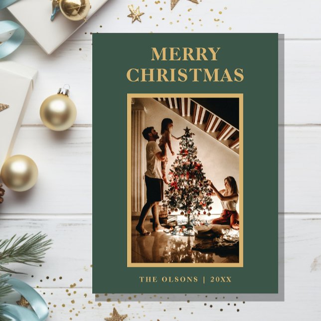 Minimalist Classic Green Merry Christmas Photo Holiday Card (Creator Uploaded)