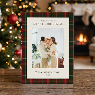 Minimalist Classic Green Plaid Christmas Photo Holiday Card