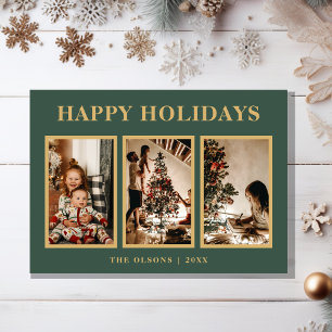 Minimalist Classic Holidays Green Three Photo Holiday Card