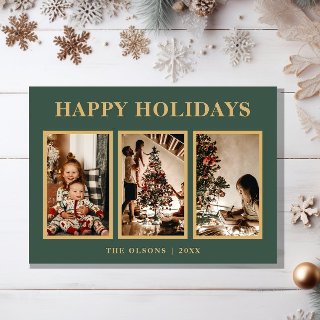 Minimalist Classic Holidays Green Three Photo Holiday Card (Creator Uploaded)