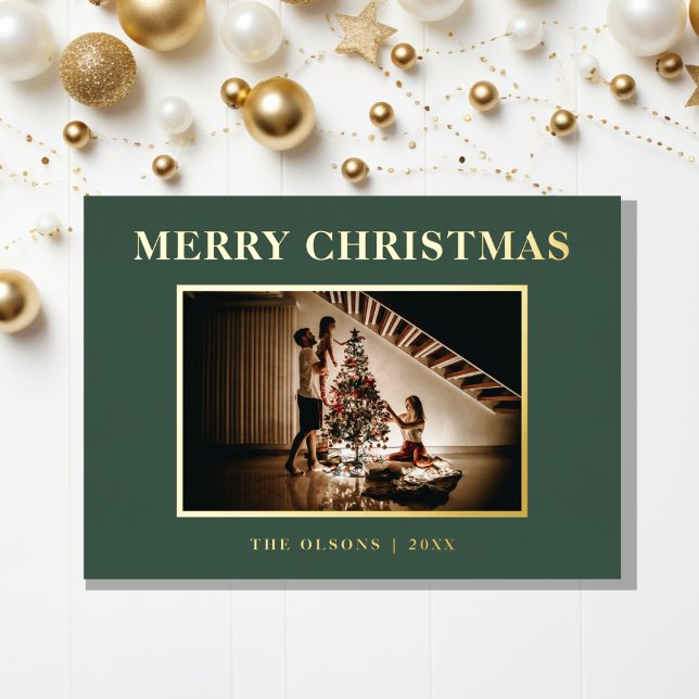 Minimalist Classic Merry Christmas Green Photo Foil Holiday Card (Creator Uploaded)