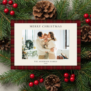 Minimalist Classic Red Plaid Christmas Photo Holiday Card