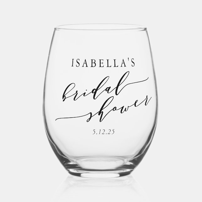 Minimalist Classic Script Custom Bridal Shower Stemless Wine Glass (Front)