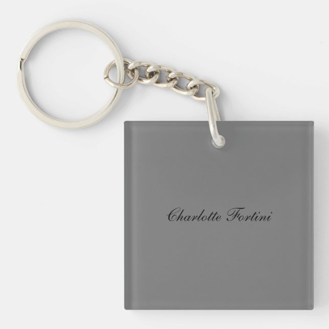 Minimalist Classical Handwriting Script Name Grey Key Ring (Front)