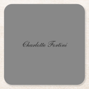 Minimalist Classical Handwriting Script Name Grey Square Paper Coaster