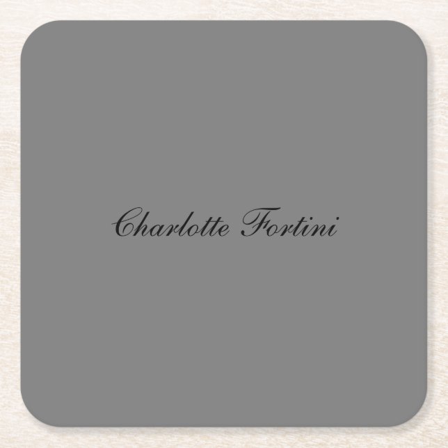 Minimalist Classical Handwriting Script Name Grey Square Paper Coaster (Front)