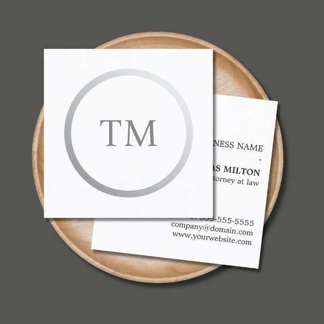 Minimalist Clean Faux Silver Monogram Attorney Square Business Card (Creator Uploaded)