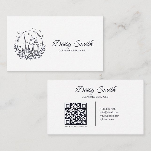Minimalist Cleaning Service Logo QR Code  Business Card (Front/Back)