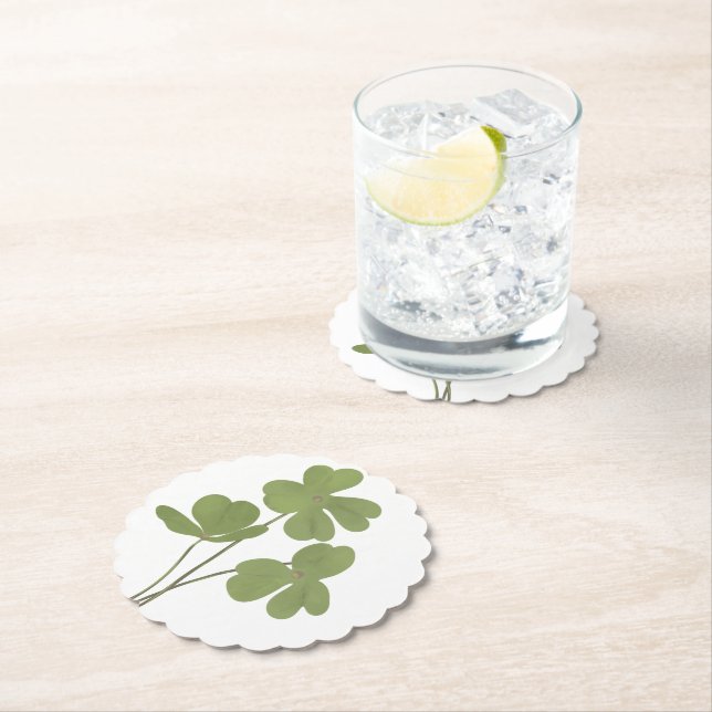 Minimalist Clover Leaf Drawing Green  Paper Coaster (Insitu)