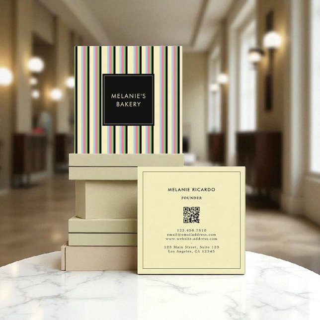 Minimalist Colourful Stripes Retro QR Code Bakery  Square Business Card (Creator Uploaded)