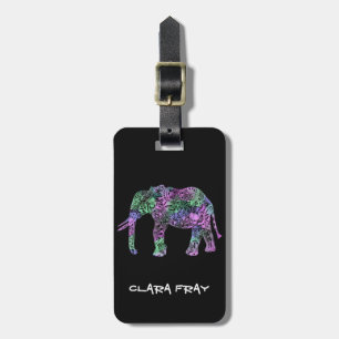 minimalist colourful tribal floral neon elephant luggage tag
