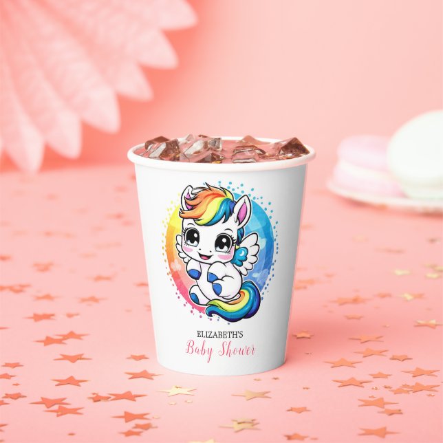 Minimalist Colourful Unicorn Baby Shower Paper Cups (Insitu)