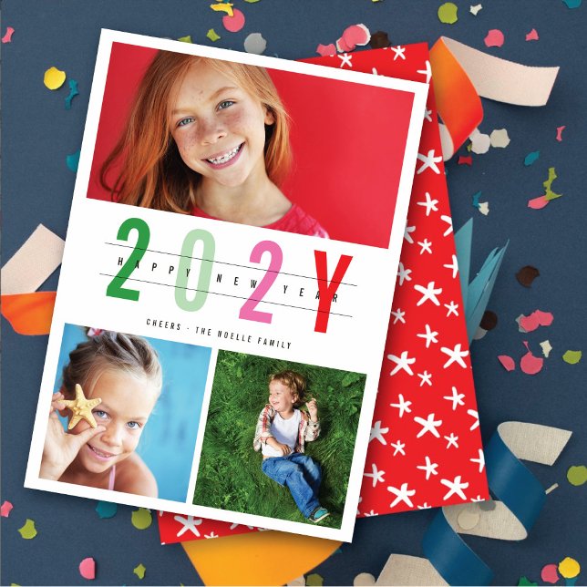 Minimalist Colourful Year 3 Photo Modern Simple Holiday Card (Minimalist Colorful Year 2 Photo Modern Simple New Year Holiday Card @ fat_fa_tin)