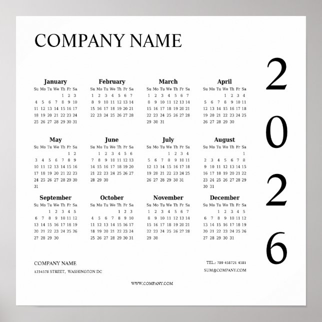 Minimalist Company Calendar 2026 Poster (Front)