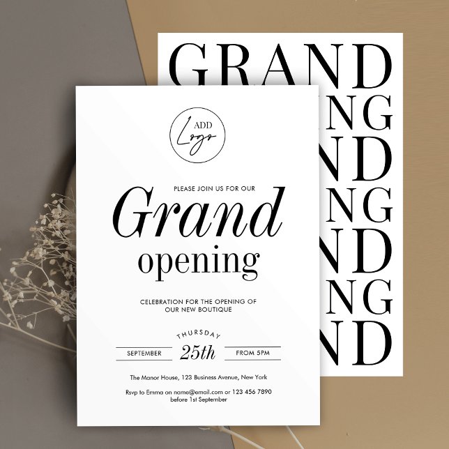 Minimalist Company Logo Simple Chic Grand Opening Invitation (Grand opening invitation in minimalist design with bold typography and space for your logo)