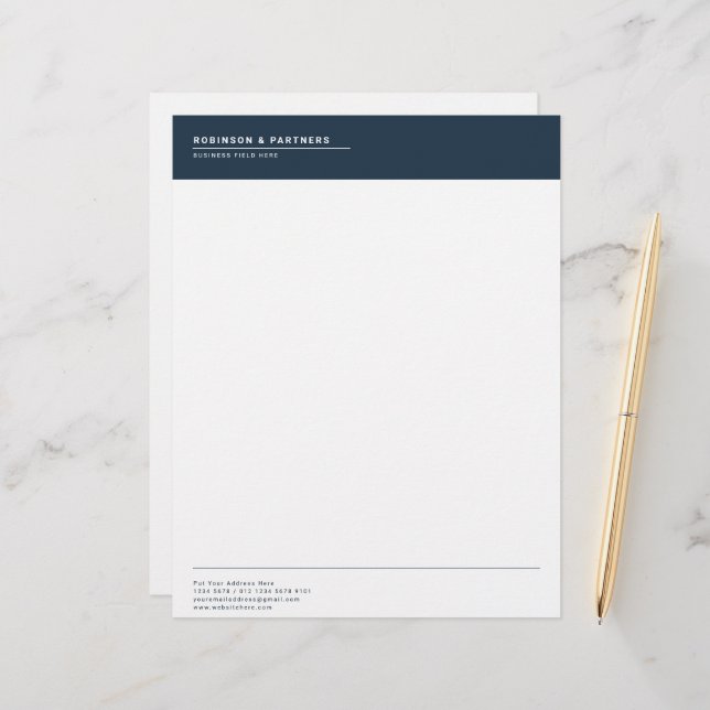 Minimalist Company Name on Rustic Blue Custom Letterhead (Front/Back In Situ)