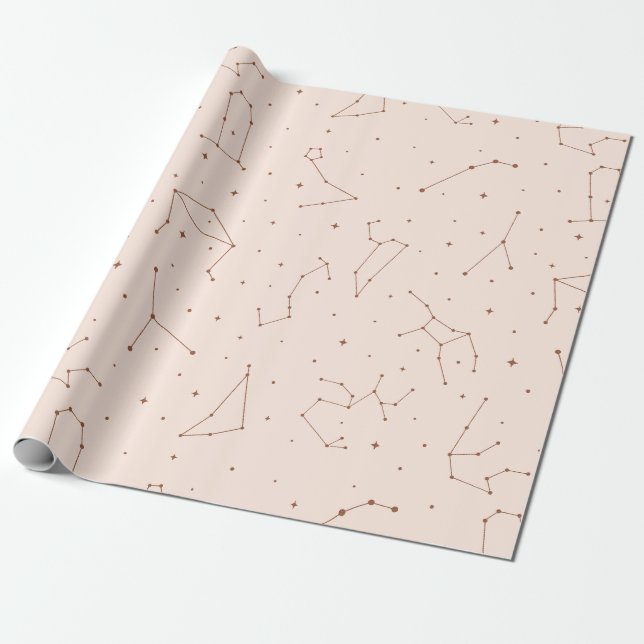 Minimalist Constellation Pattern in Pink & Brown Wrapping Paper (Unrolled)