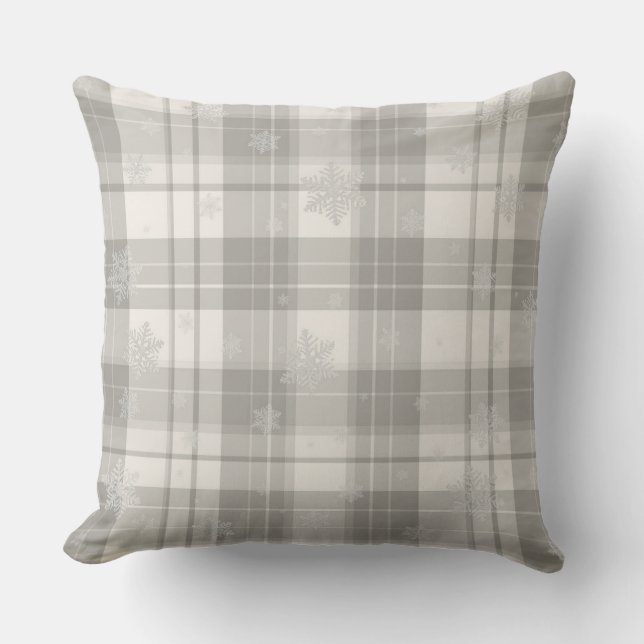 Minimalist Cool Gray Snowflake Plaid Throw Pillow (Front)
