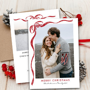Minimalist Coquette Red Bow Christmas 2 Photo Holiday Card