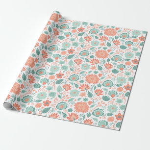 Minimalist Coral and Green Abstract Flowers Wrapping Paper