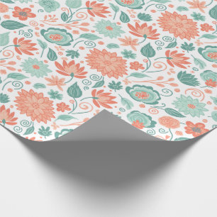 Minimalist Coral and Green Abstract Flowers Wrapping Paper