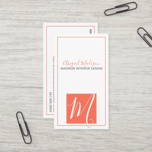 Minimalist Coral Elegant Script Monogram Business Card (Front/Back In Situ)