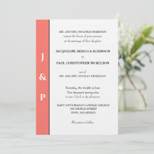 Minimalist Coral White Monogram  Invitation