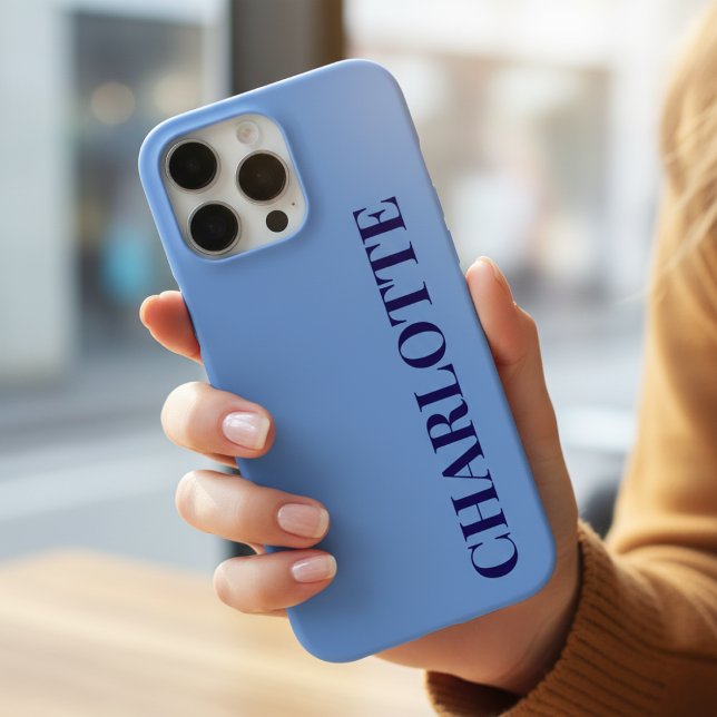 Minimalist Cornflower Blue & Navy Vertical Name iPhone Case (Creator Uploaded)