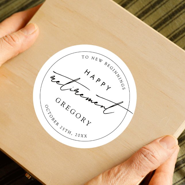 Minimalist Corporate Black White Retirement Party Classic Round Sticker (Minimalist retirement celebration favor stickers with trendy script font in black & white)