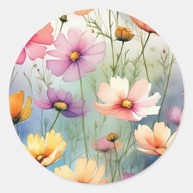 Minimalist Cosmos Floral Classic Round Sticker (Front)